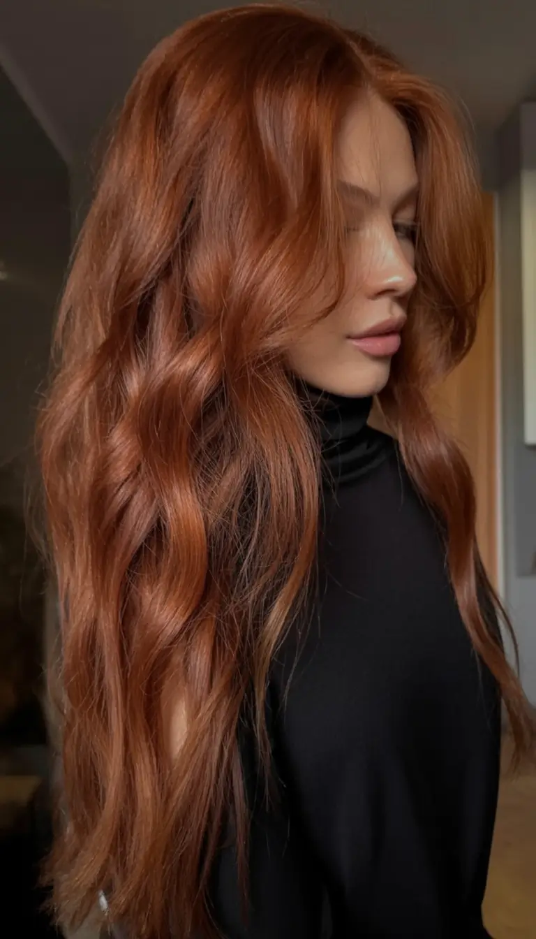 Hair Color Ideas for Fall 2025 Classic Auburn on Long Cascading Waves
