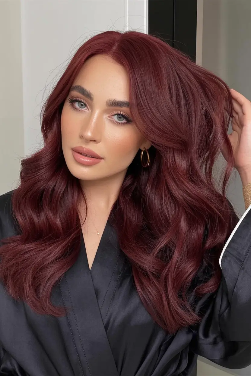 Hair Color Ideas for Fall 2025 Deep Cranberry Red with Structured Layers