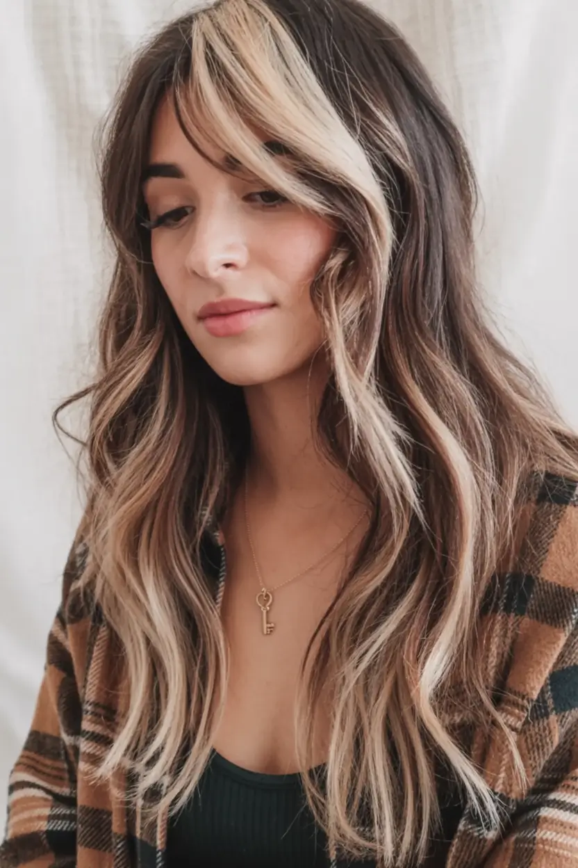 Hair Color Ideas for Fall 2025 Warm Brunette with Golden Blonde Money Piece
