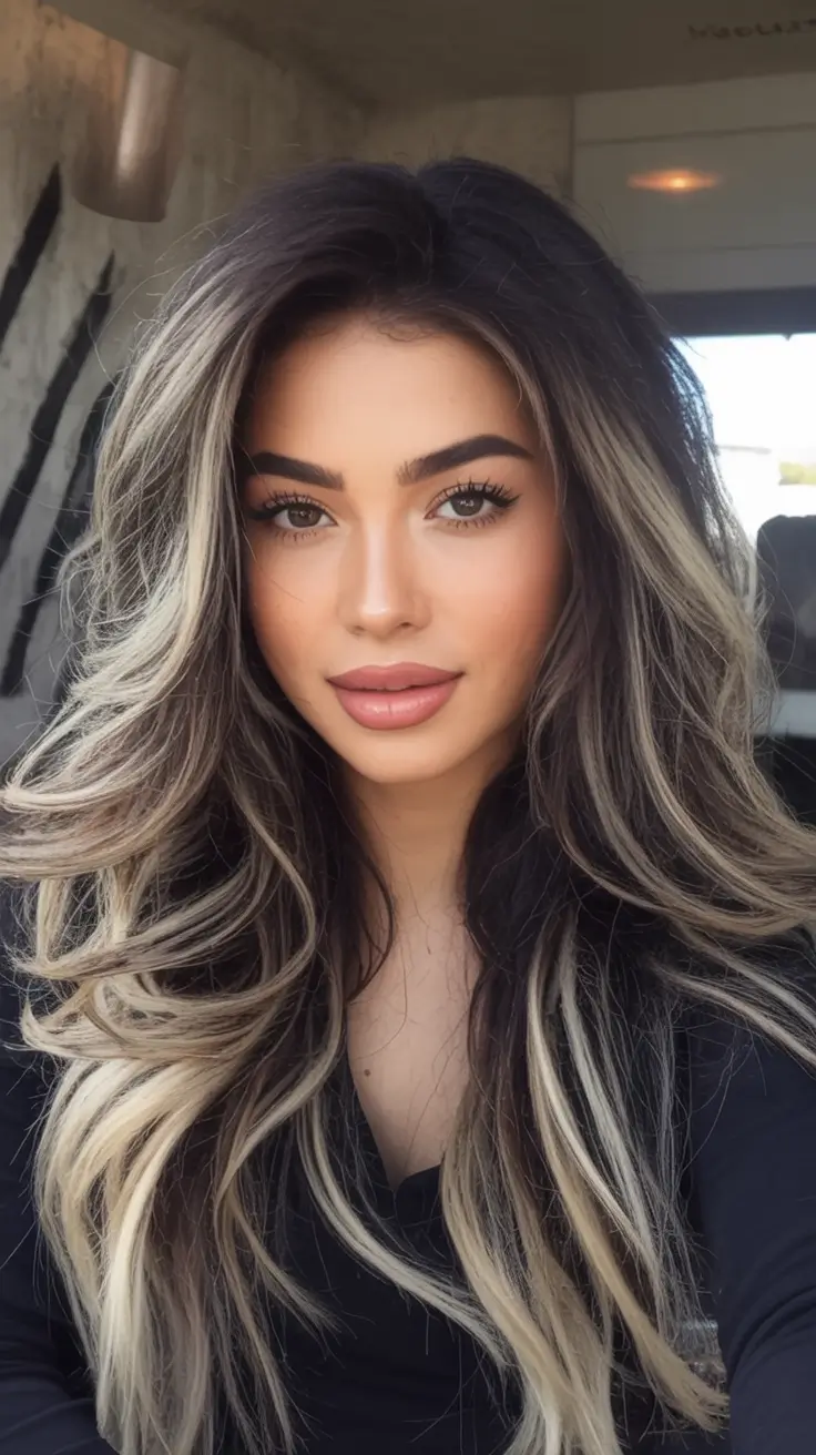 Hair Color Ideas for Fall 2025 High-Contrast Blonde Streaks on Dimensional Brunette