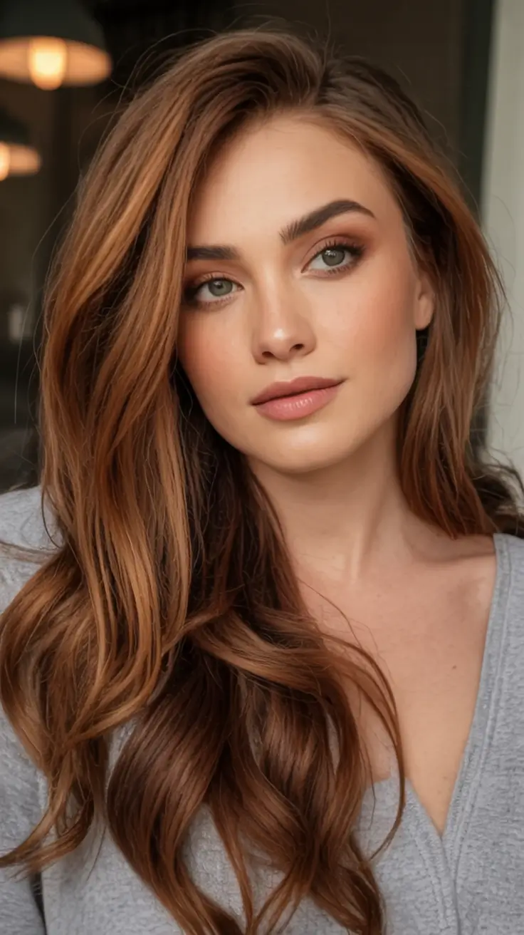 Hair Color Ideas for Fall 2025 Soft Golden Chestnut with Loose Layers