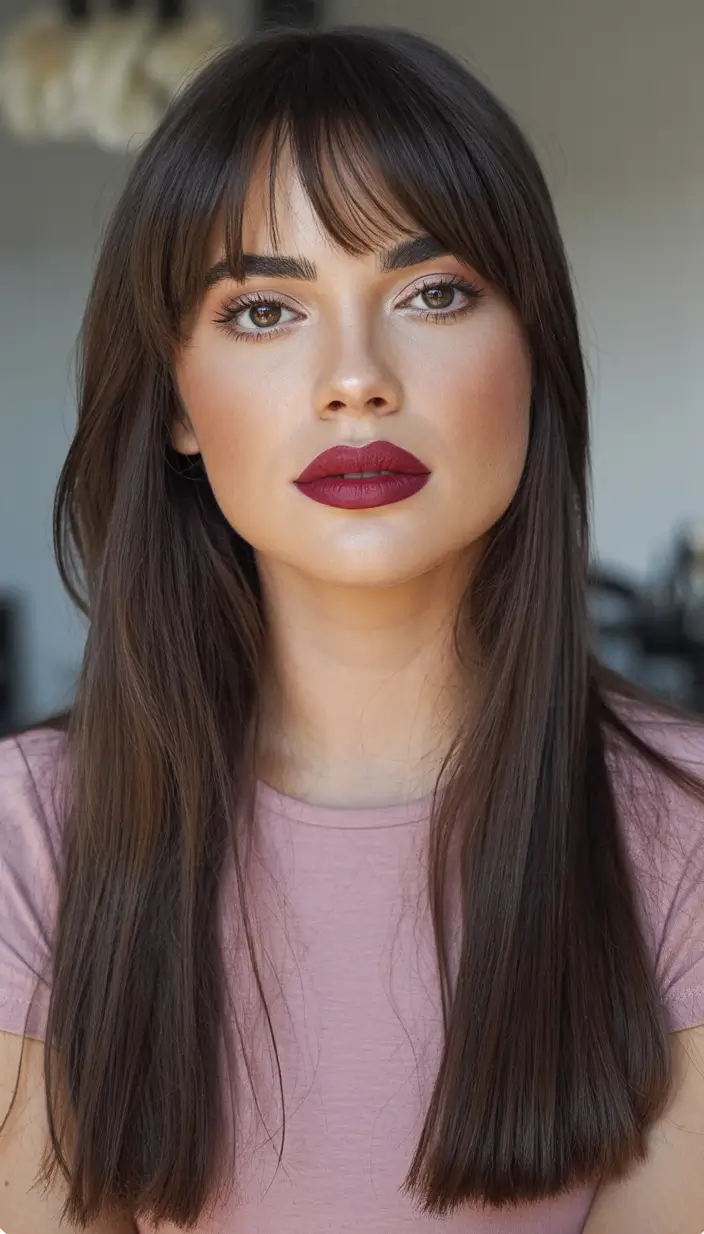 Hair Color Ideas for Fall 2025 Classic Brunette with Blunt Bangs