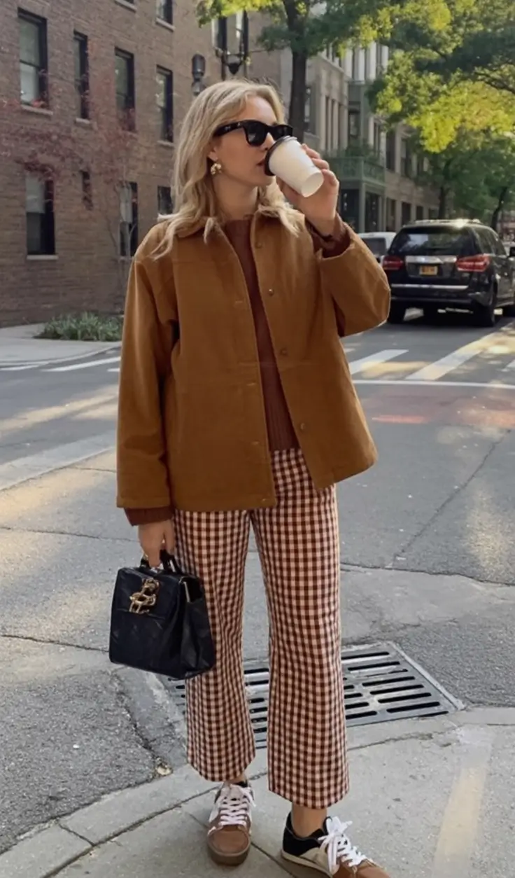 Must-try outfits combinations for fall 2025 Earthy Gingham and Coffee Layers
