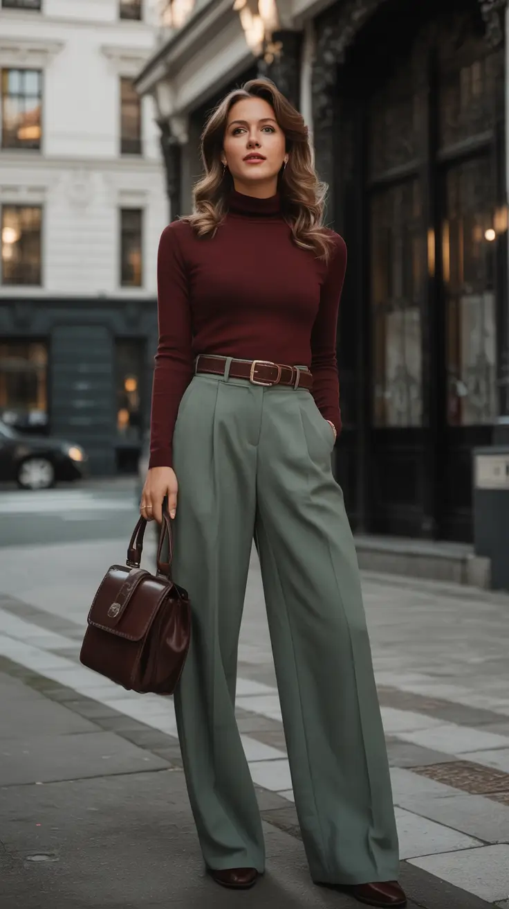 Office-ready fall outfits for women – business casual 2025 Deep Wine Turtleneck and Forest Trousers