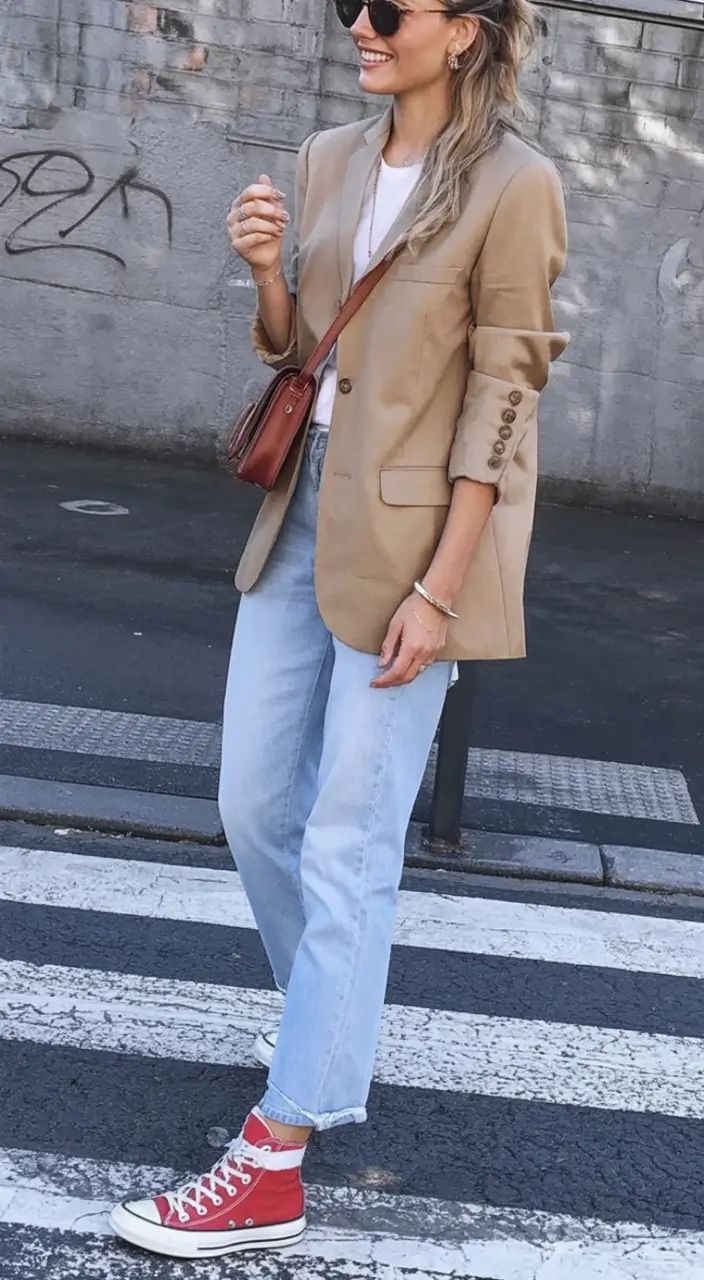 Office-ready fall outfits for women – business casual 2025 Relaxed Blazer Layers with a Pop of Red