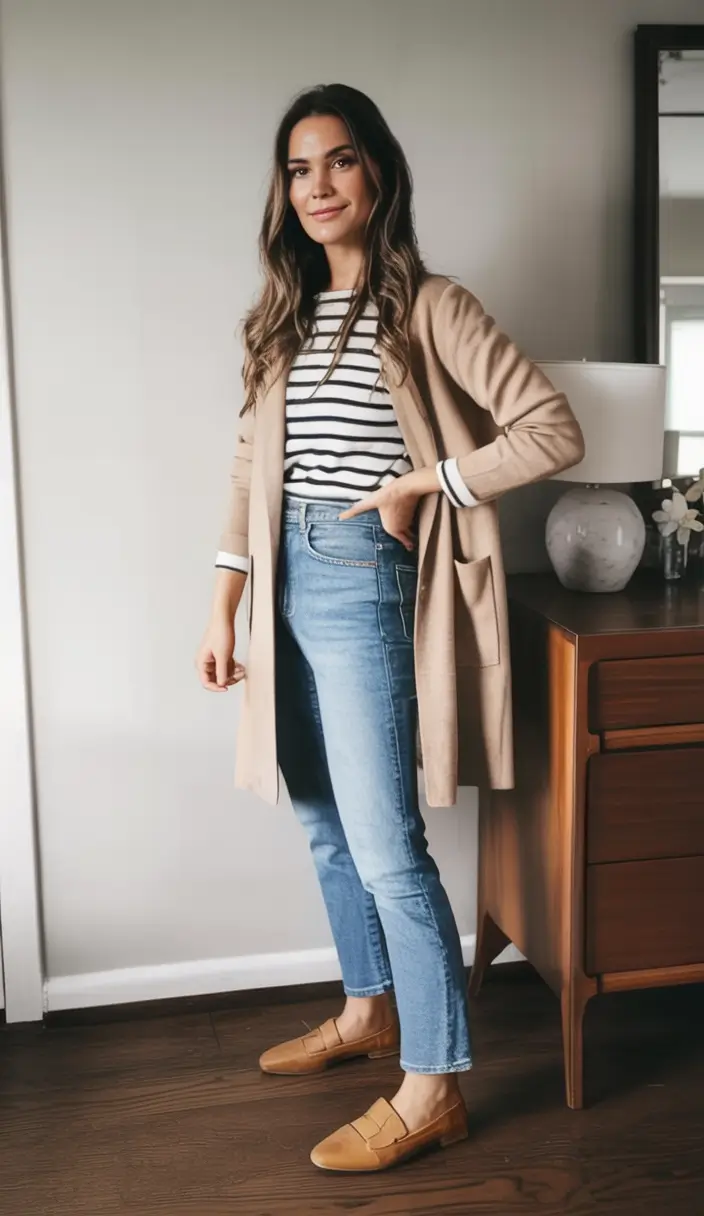 Office-ready fall outfits for women – business casual 2025 Striped Simplicity with a Soft Camel Cardigan