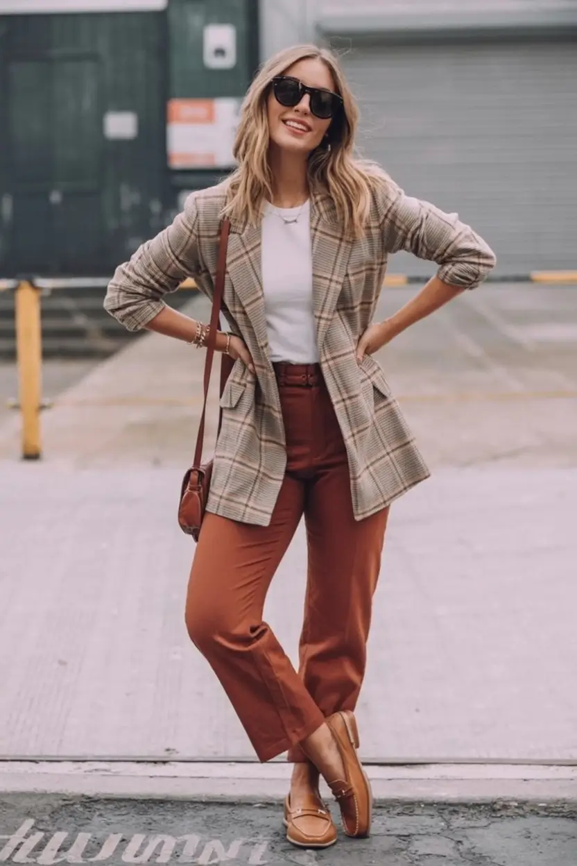 Office-ready fall outfits for women – business casual 2025 Classic Plaid Blazer with Autumn Tones