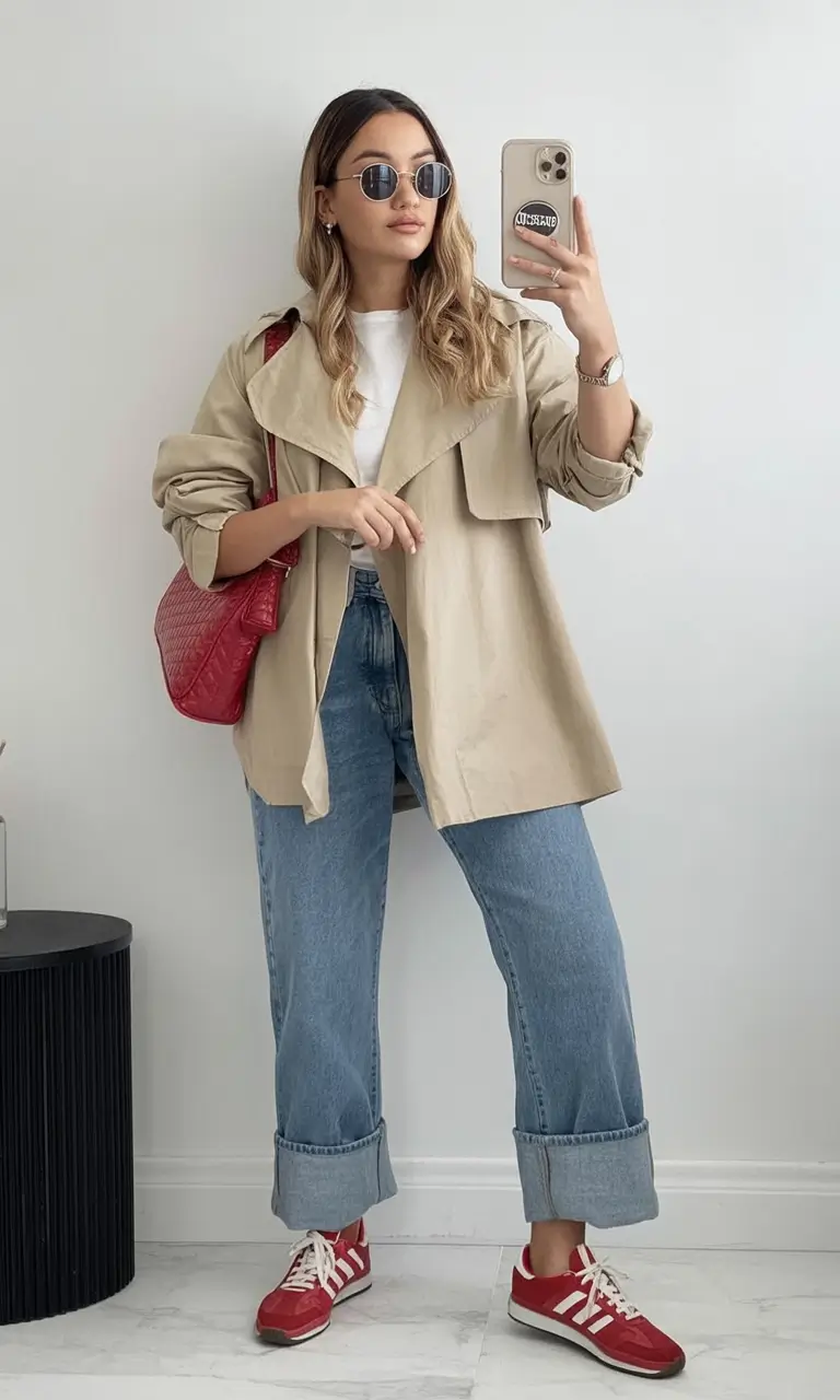 Office-ready fall outfits for women – business casual 2025 Relaxed Trench and Retro Sneakers