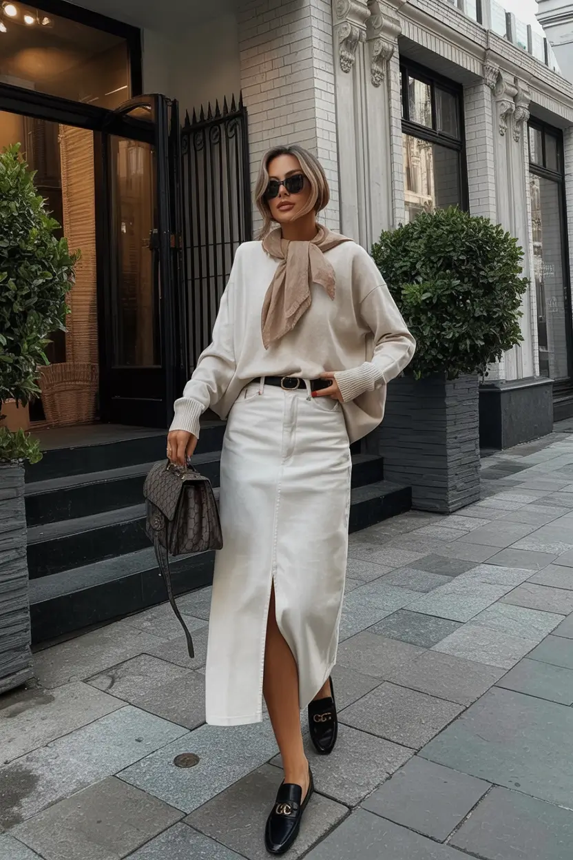 Office-ready fall outfits for women – business casual 2025 Polished Cream Skirt and Soft Knit Layers