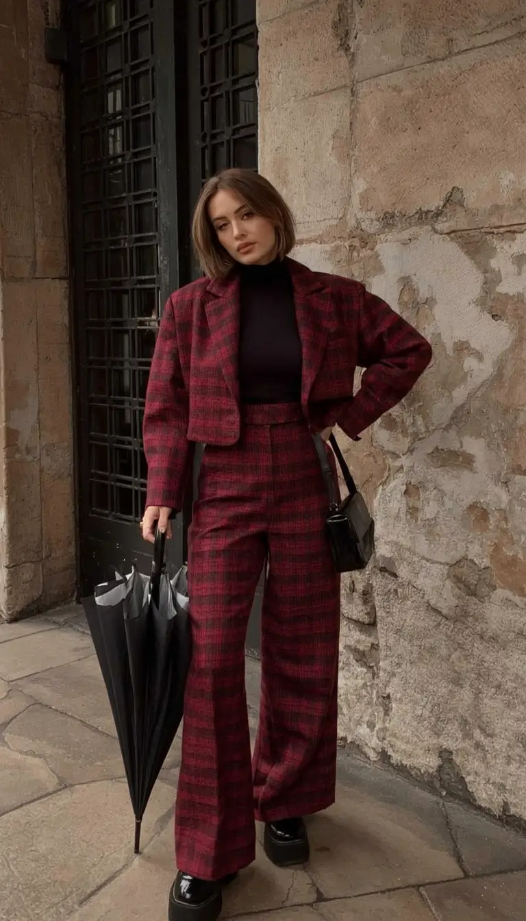 Old Money Outfits to Try This Fall 2025 Burgundy Plaid Power Suit