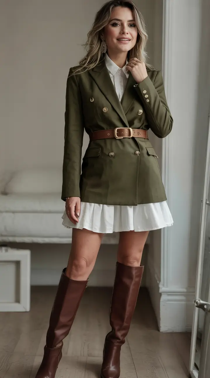 Old Money outfits to Try This Fall 2025 Olive Blazer Dress with Riding Boots