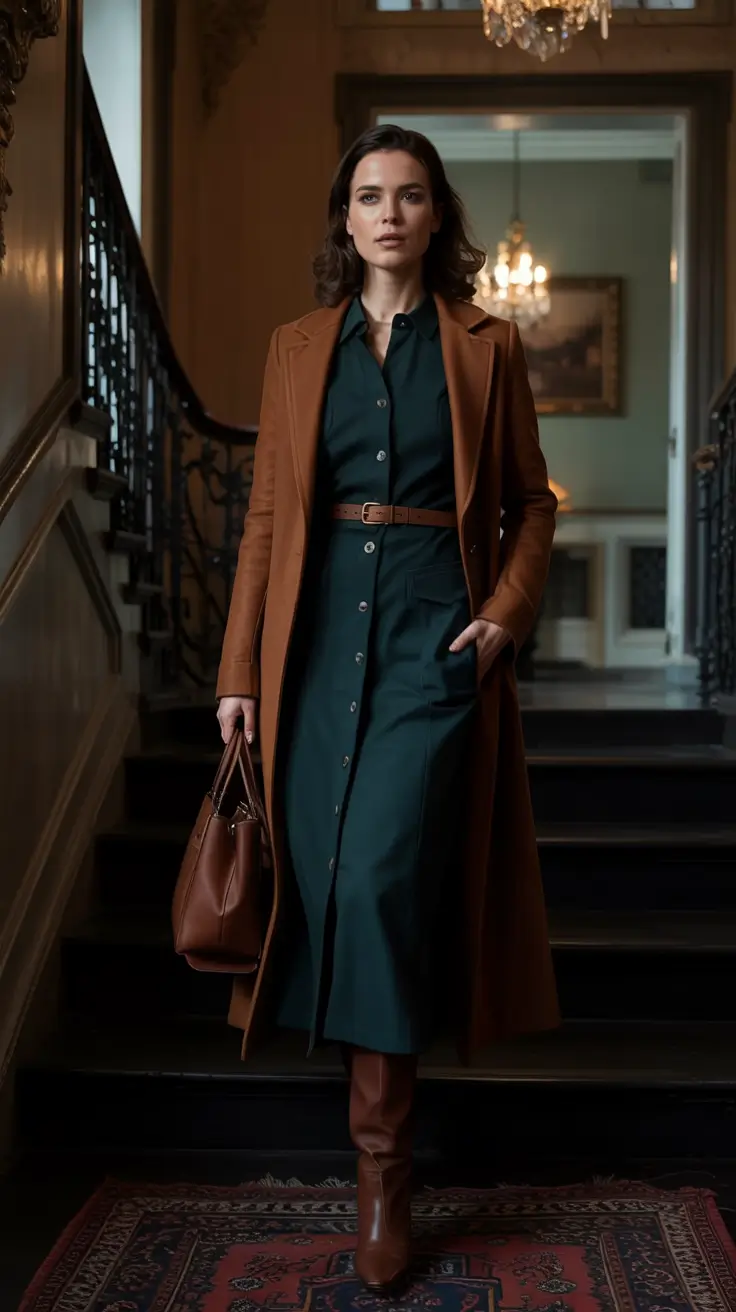 Old Money outfits to Try This Fall 2025 Hunter Green Shirtdress and Autumn Wool