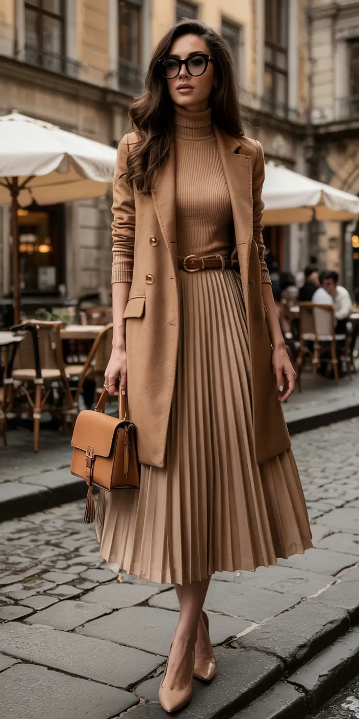 Old Money outfits to Try This Fall 2025 All-Tan Monochrome with Pleated Perfection