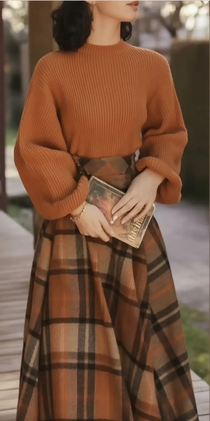 Old Money outfits to Try This Fall 2025 Checked Midi Skirt with Lantern Knit