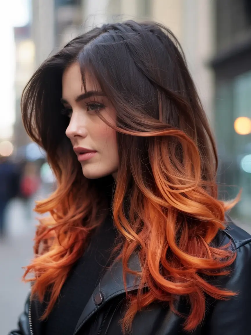 Rich Dark Brown Hair Colors for Fall 2025 Sunset-Infused Flame Ends