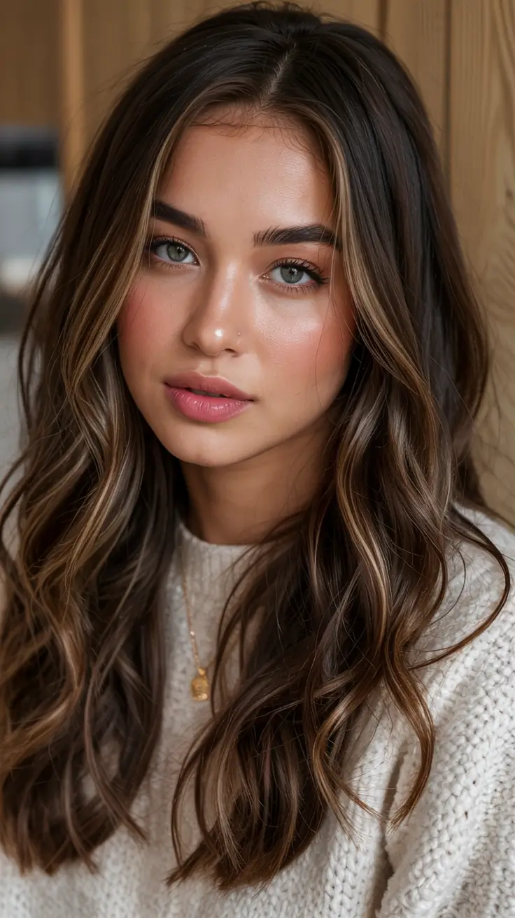 Rich Dark Brown Hair Colors for Fall 2025 Natural Long Waves with Soft Honey Streaks