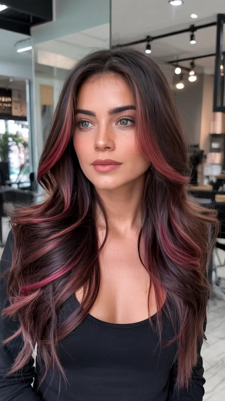 Rich Dark Brown Hair Colors for Fall 2025 Moody Waves with Berry-Toned Highlights