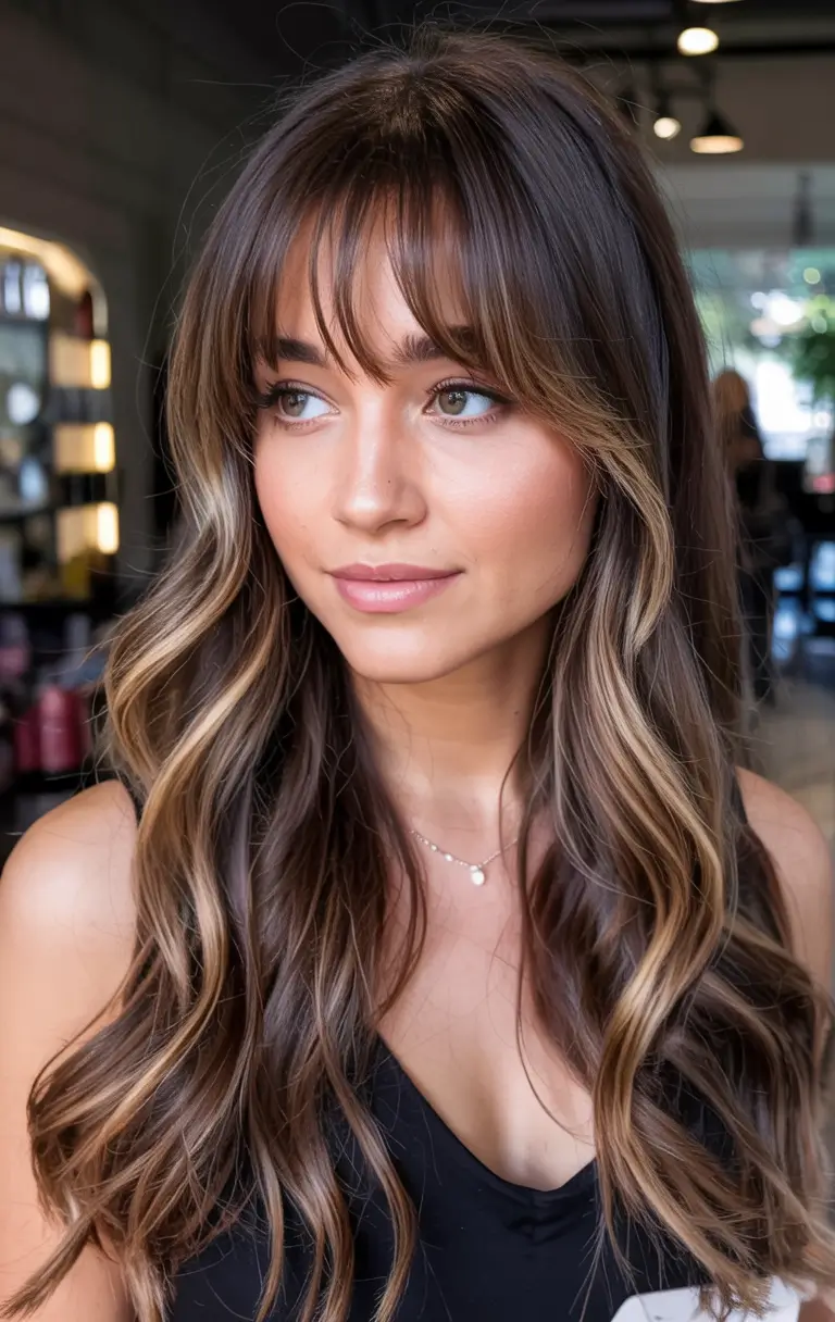 Rich Dark Brown Hair Colors for Fall 2025 Face-Framing Bangs with Buttery Caramel Highlights