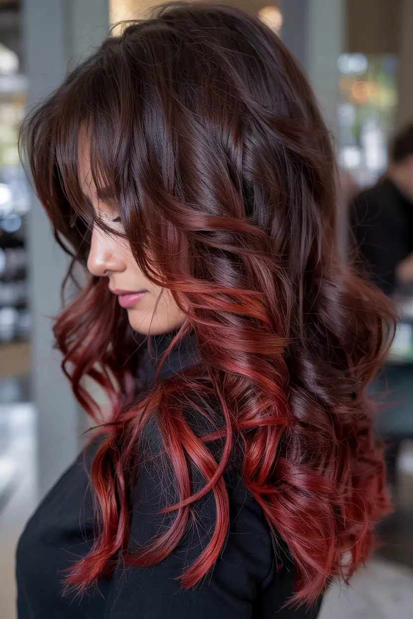 Rich Dark Brown Hair Colors for Fall 2025 Glossy Red Balayage Ends with Retro Curls