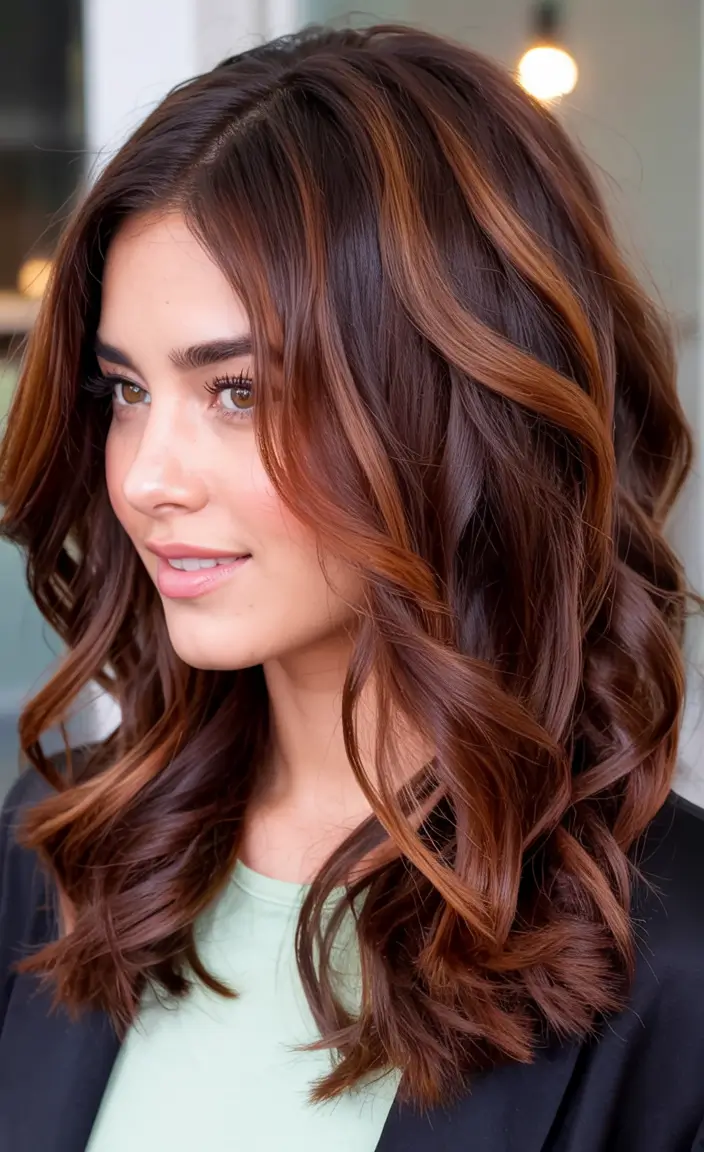 Rich Dark Brown Hair Colors for Fall 2025 Warm Copper Swirls on a Voluminous Lob