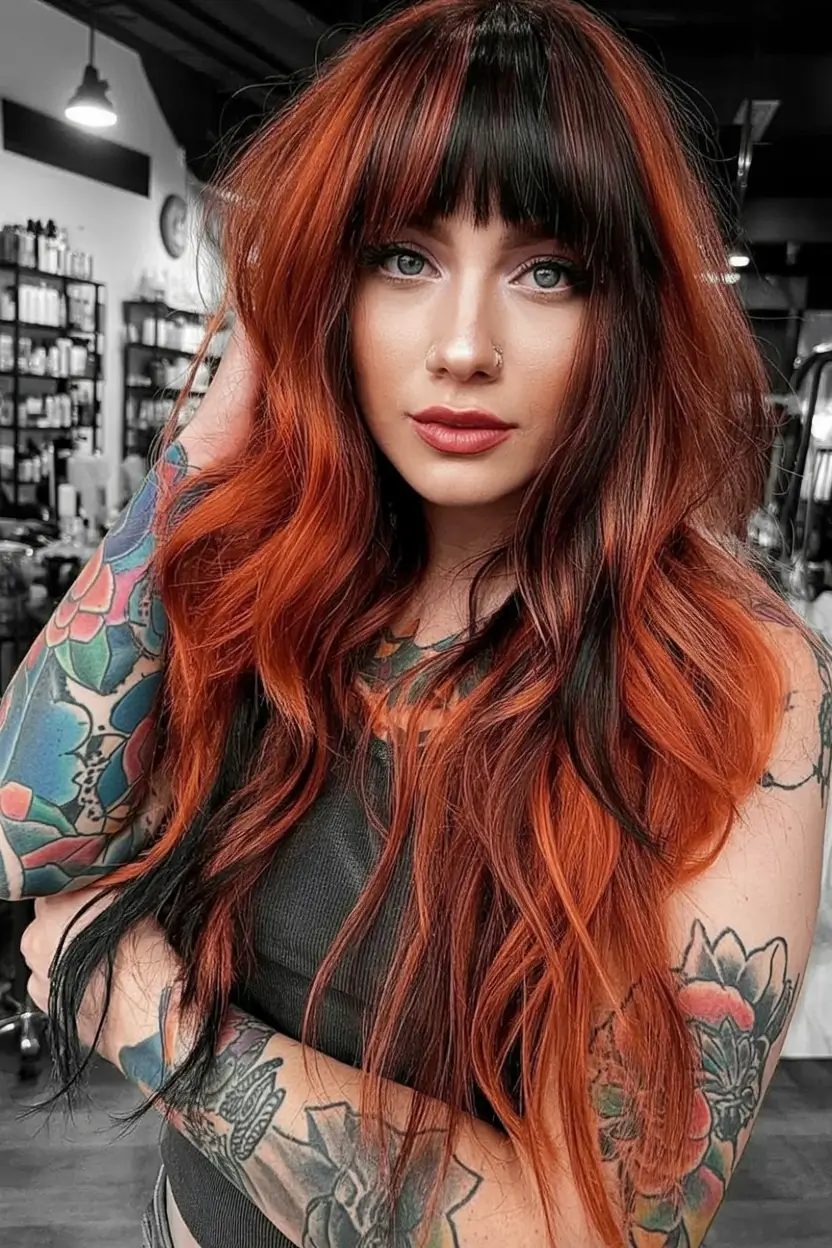 Rich Dark Brown Hair Colors for Fall 2025 Two-Tone Auburn Flames with Bangs
