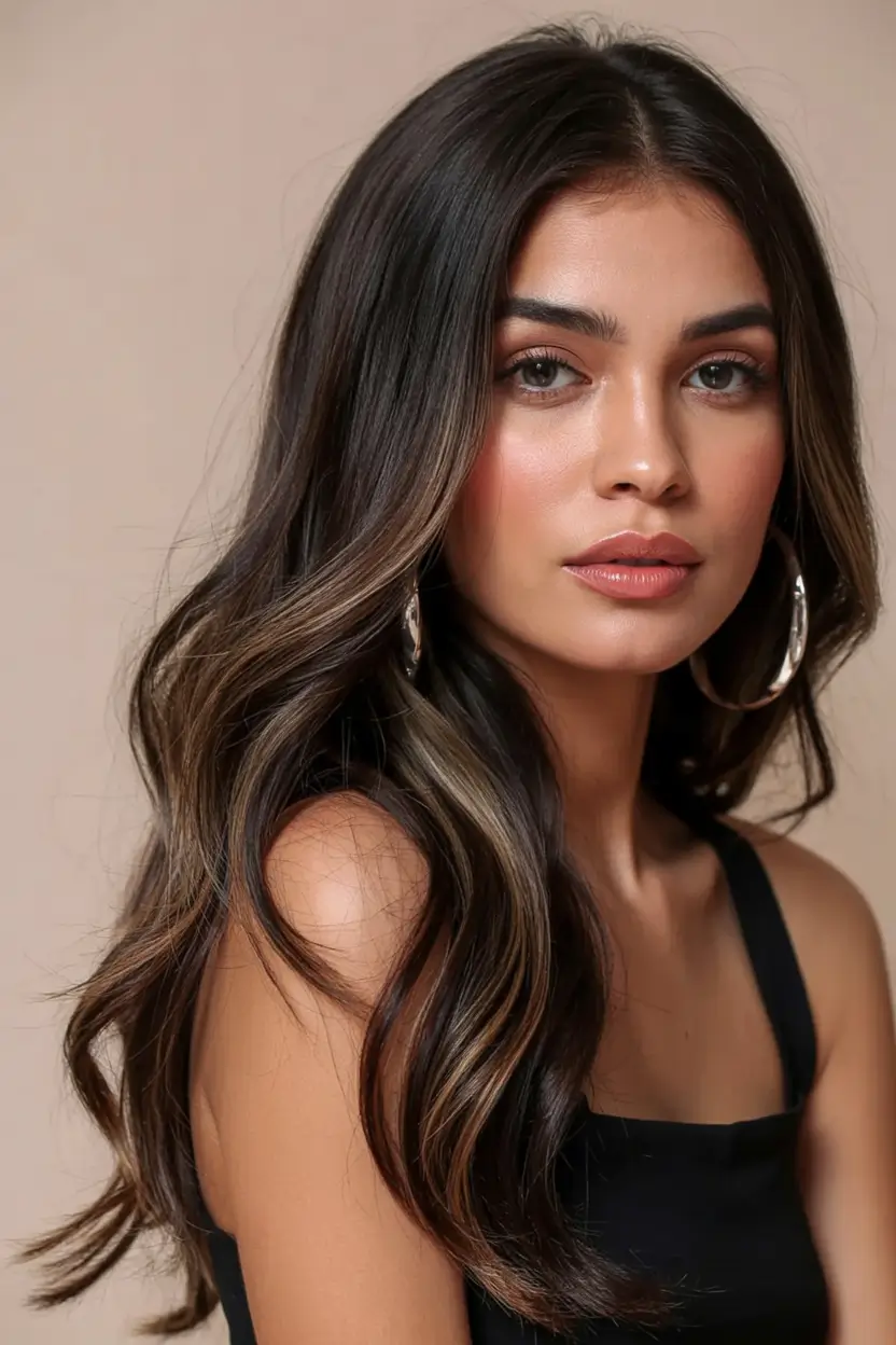 Rich Dark Brown Hair Colors for Fall 2025 Glossy Brunette with Ribbons of Caramel