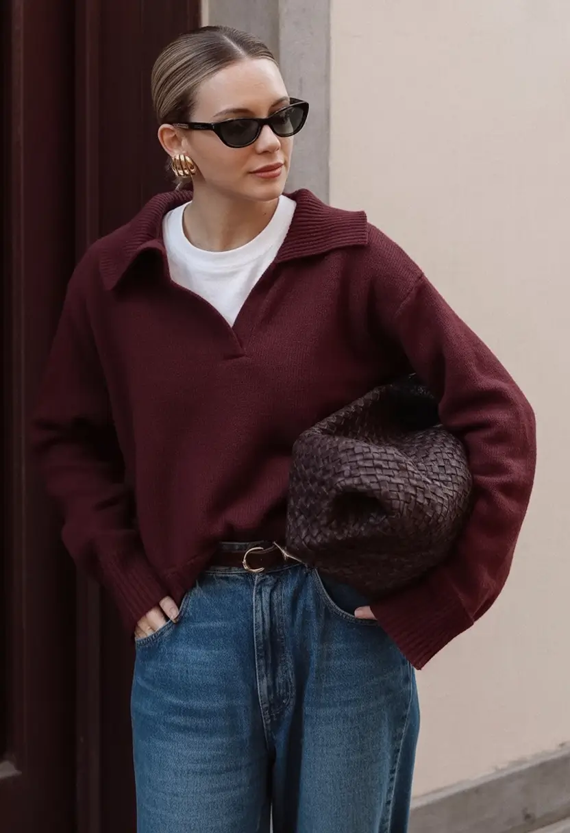 What to Wear This Autumn: outfits ideas 2025 Cool Girl Uniform: Bordeaux Knit & Relaxed Denim
