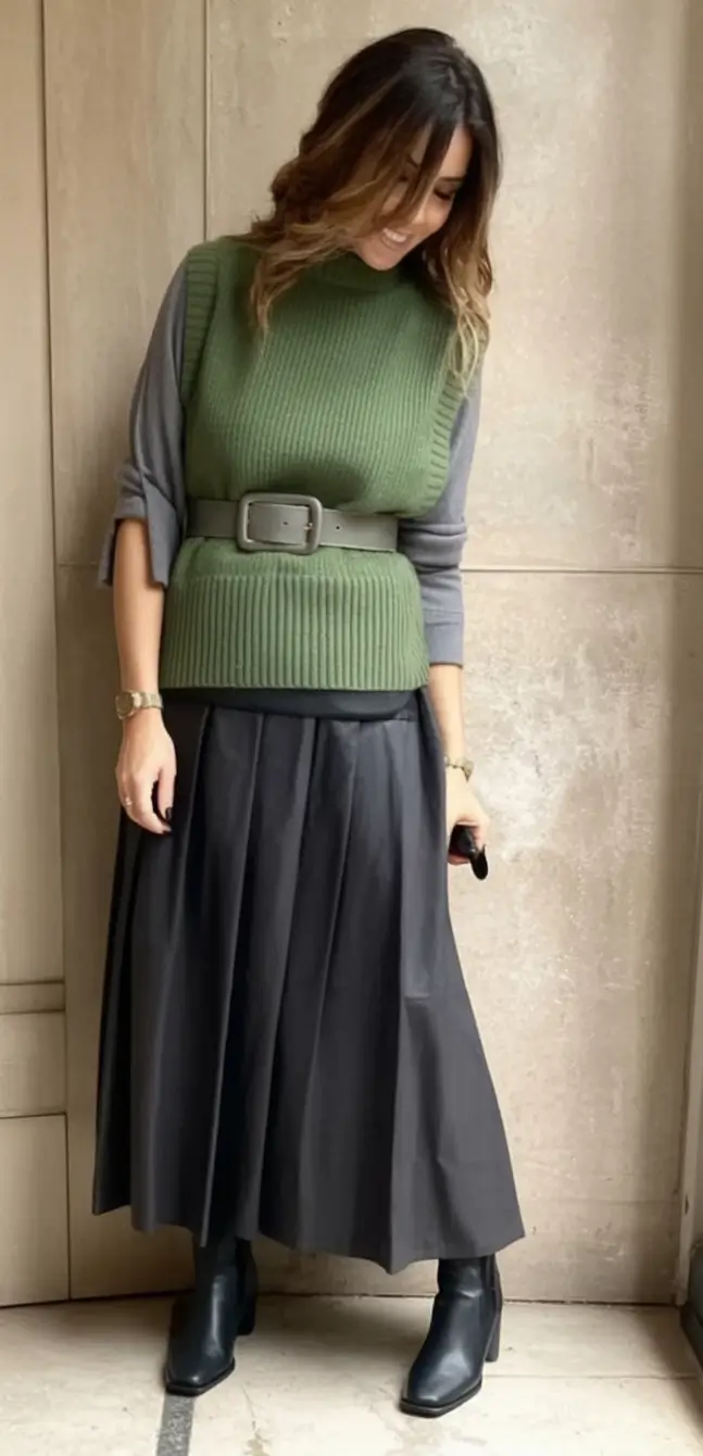 What to Wear This Autumn: outfits ideas 2025 Pleated Skirt and Belted Knit Armor