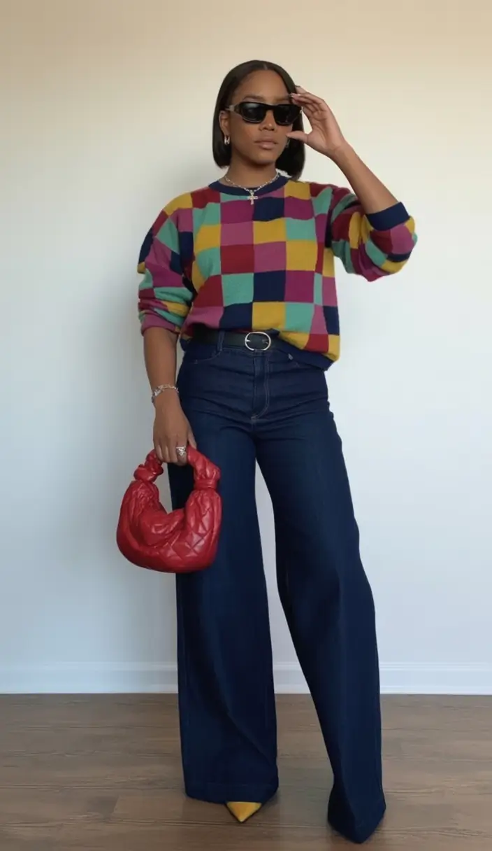 What to Wear This Autumn: outfits ideas 2025 Block Party: Color Grid Sweater & Flared Denim