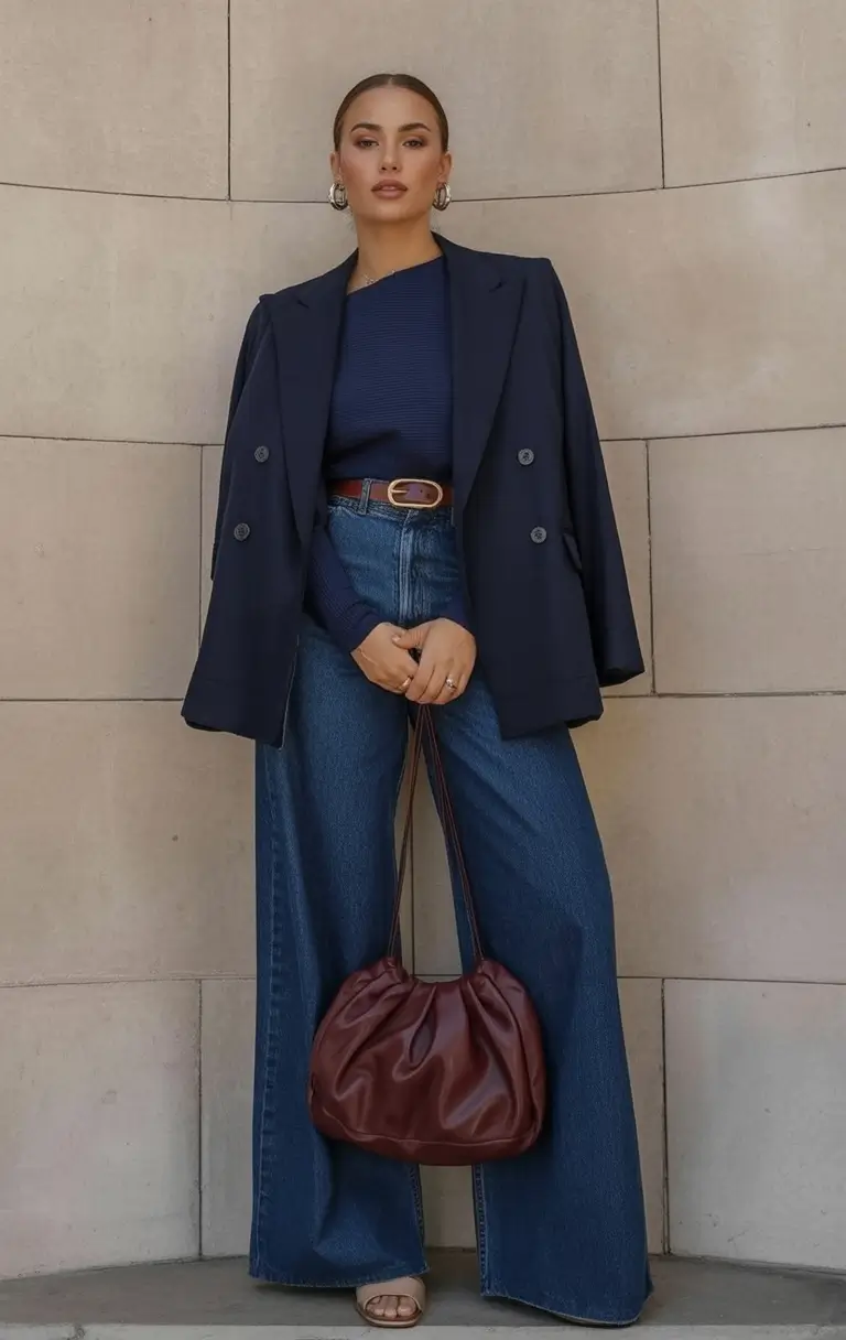 What to Wear This Autumn: outfits ideas 2025 Navy Power Play: Blazer & Denim Wide-Leg Cool