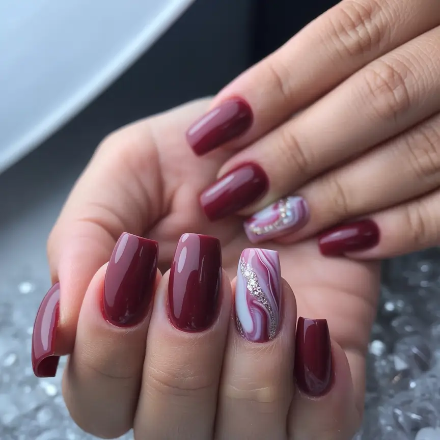 2025 Fall Nail Colors: Trendy Shades Deep Burgundy Glam with Marble Accent
