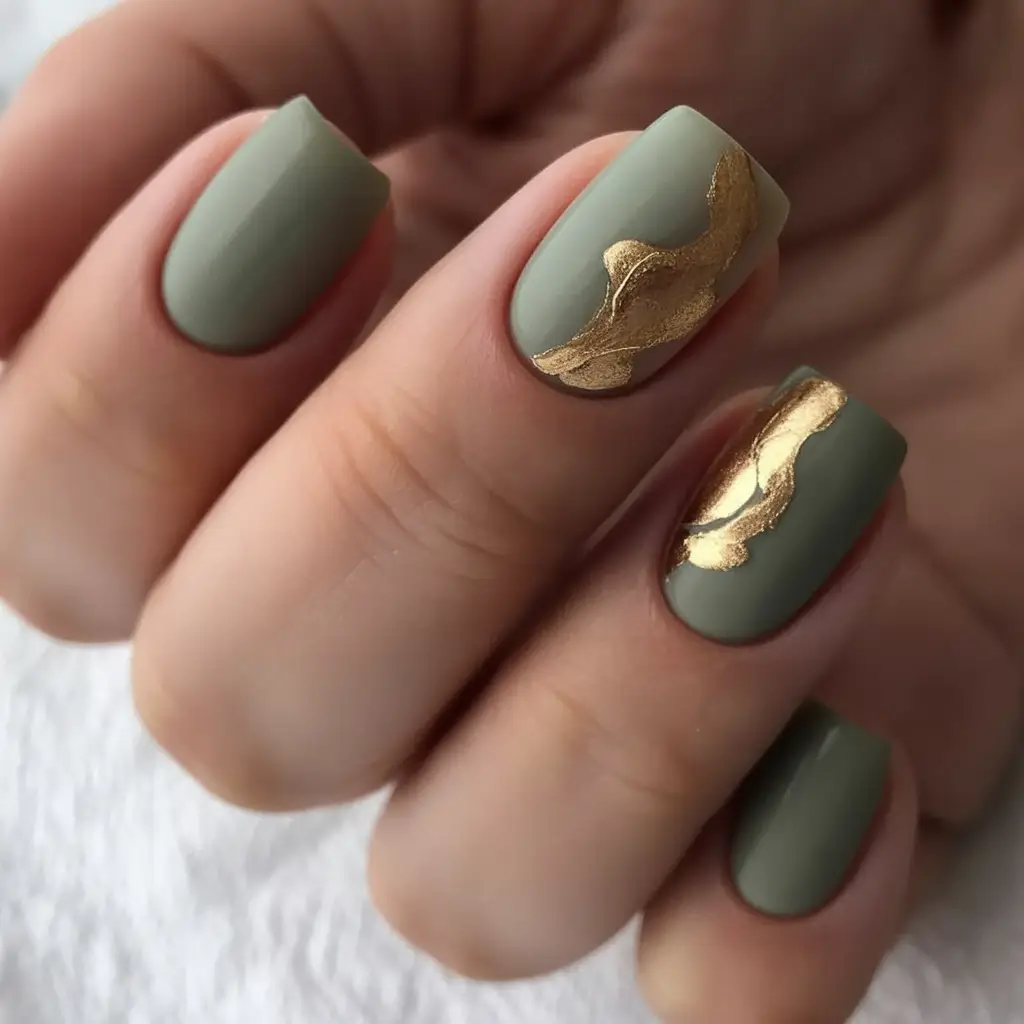 2025 Fall Nail Colors: Trendy Shades Matte Olive with Gold Foil Accent