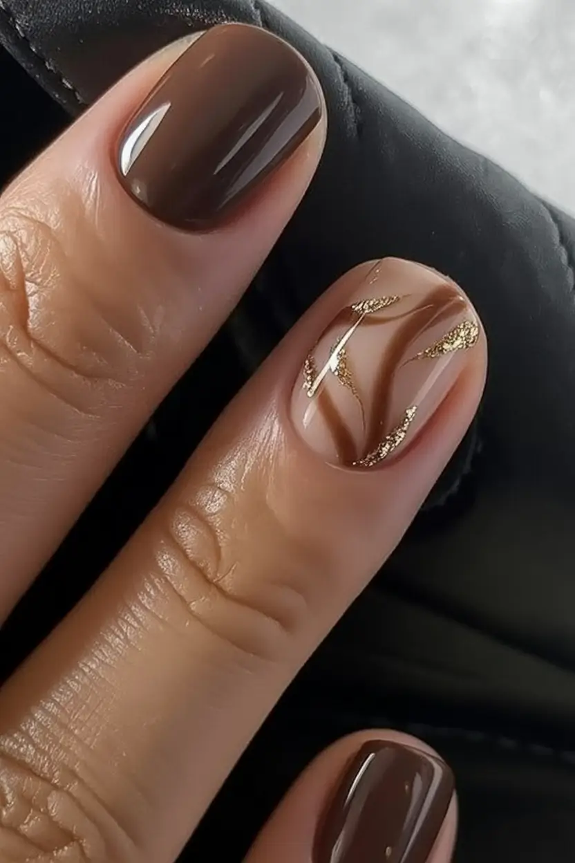 2025 Fall Nail Colors: Trendy Shades Chocolate and Gold Veining