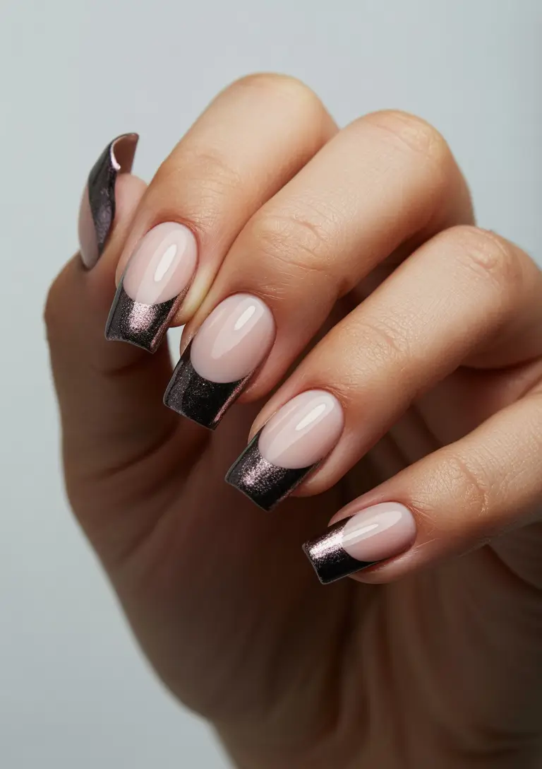2025 Fall Nail Trends Chrome Black Squared French