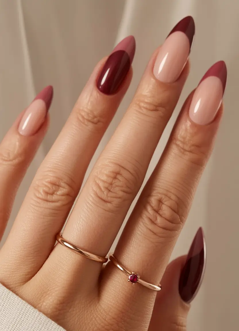 2025 Fall Nail Trends Deep Burgundy Almond Fade