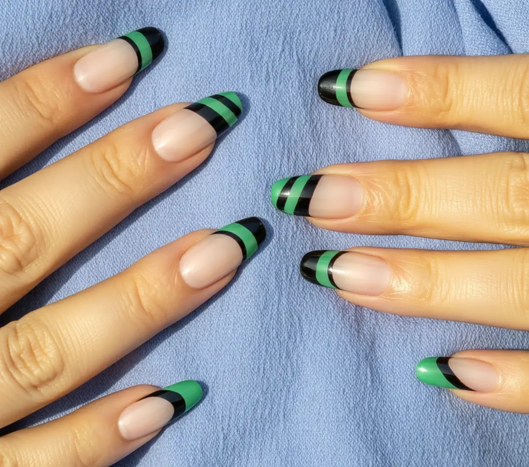 2025 Fall Nail Trends Striped Green and Black Tips
