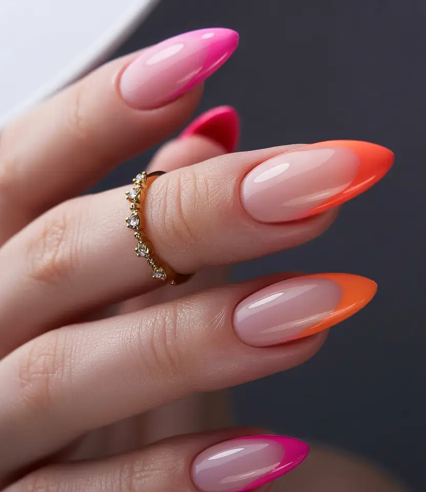 2025 Fall Nail Trends Hot Pink & Orange Almond Blend