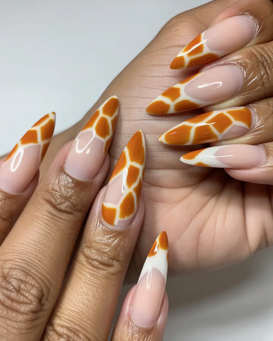 2025 Fall Stiletto Nails Wild Orange Giraffe Pattern
