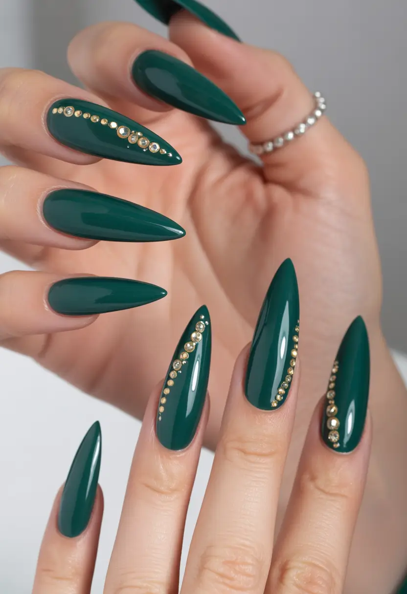 2025 Fall Stiletto Nails Emerald Glam with Crystals