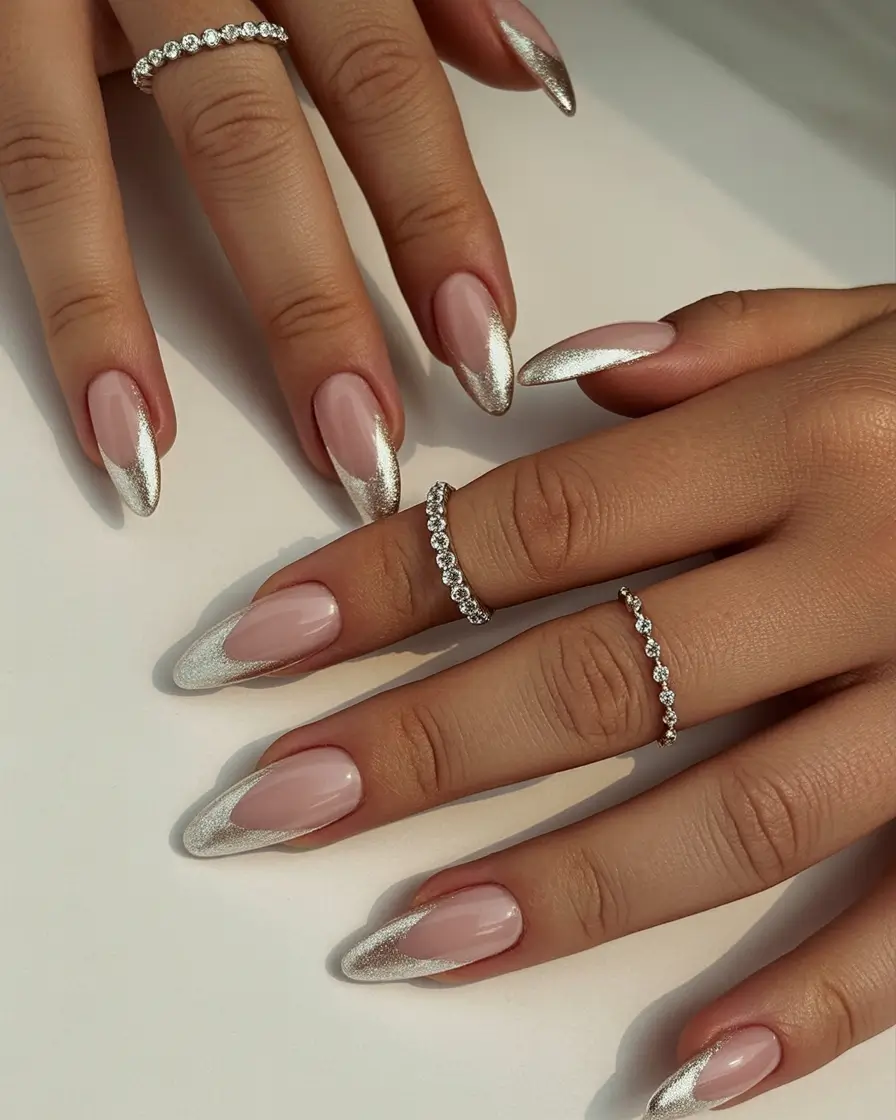 2025 Fall Stiletto Nails Frosted Silver French Twist