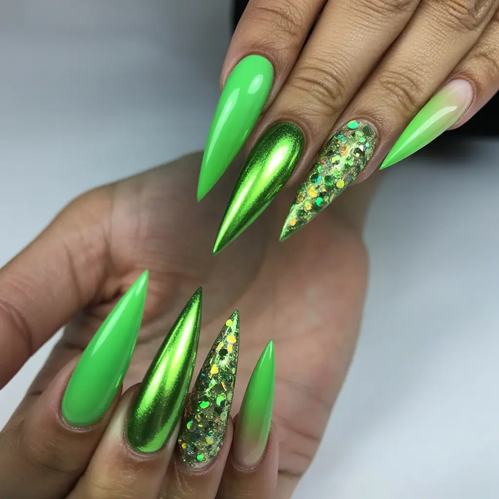 2025 Fall Stiletto Nails Electric Green Shine