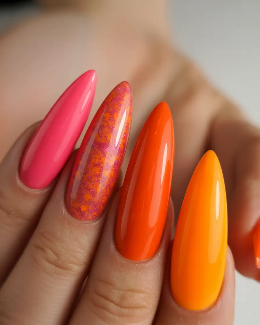 2025 Fall Stiletto Nails Sunset Gradient in Orange and Pink