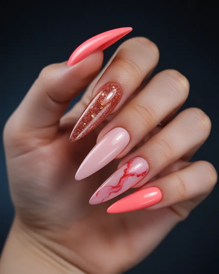 2025 Fall Stiletto Nails Soft Coral Marble Mix