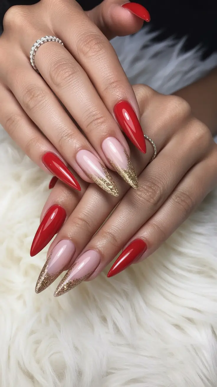 2025 Fall Stiletto Nails Red and Gold Elegance