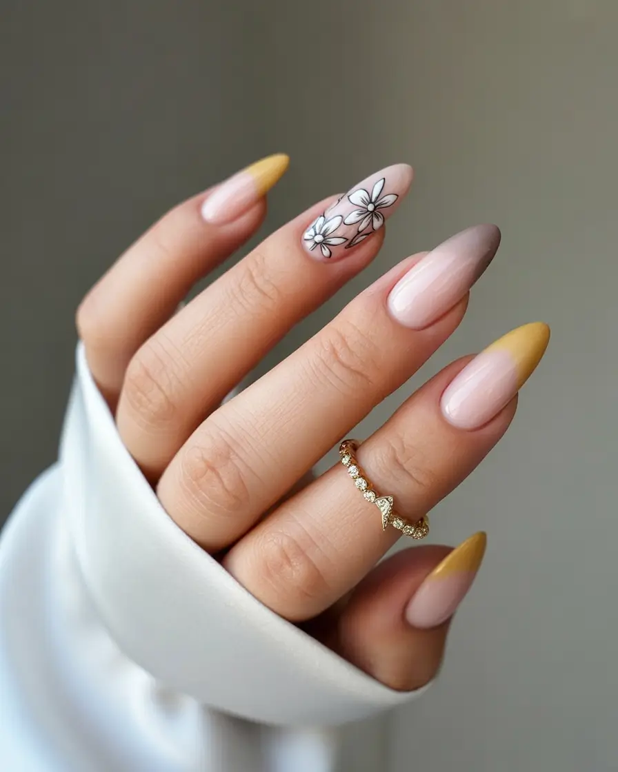 2025 Fall Stiletto Nails Soft Florals with Golden Almond