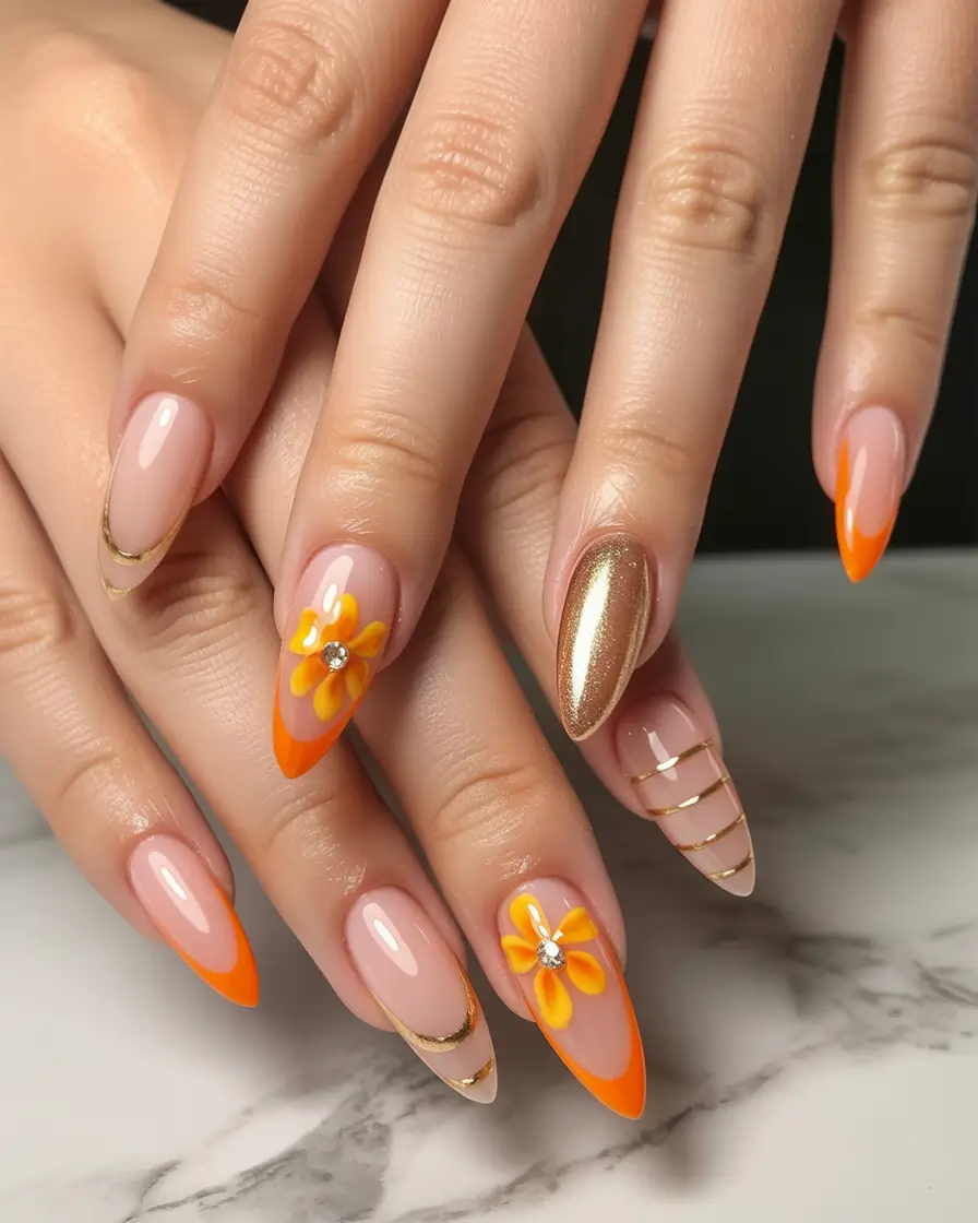 2025 Fall Stiletto Nails Golden Flower Tips