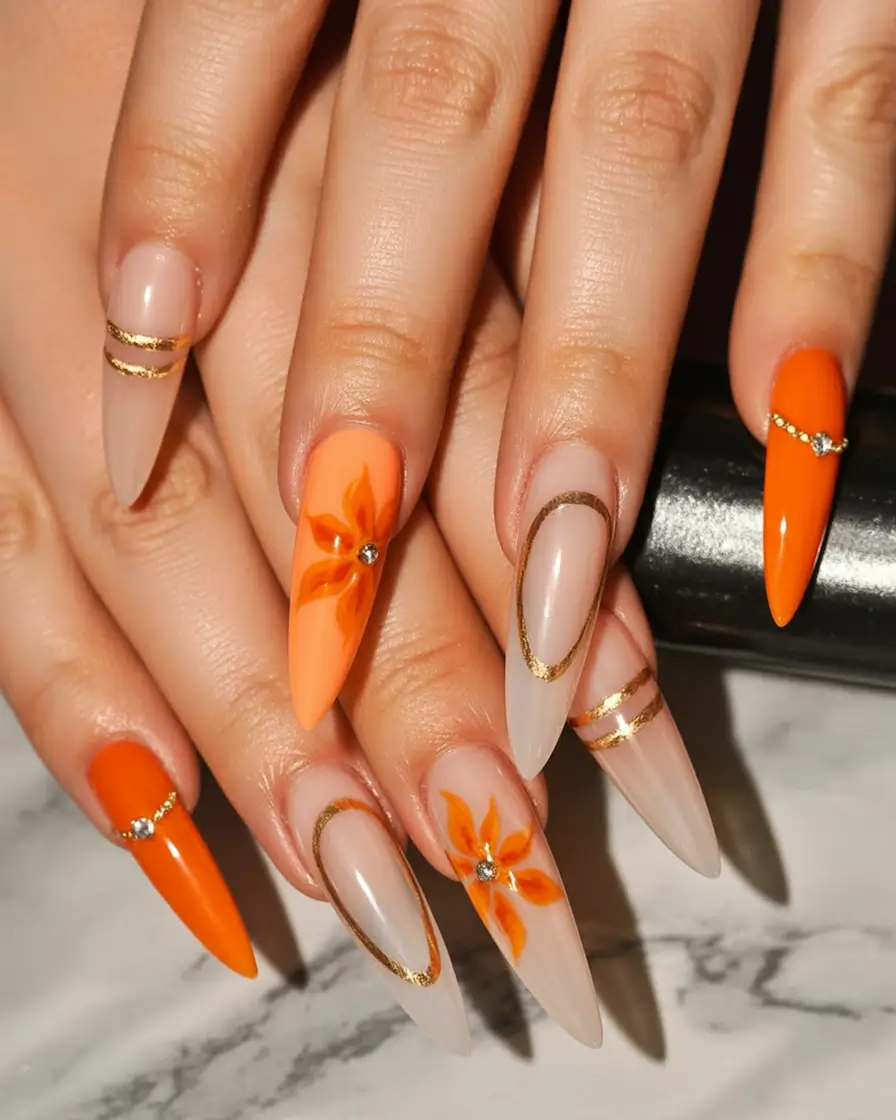 2025 Fall Stiletto Nails Orange Petal Glam