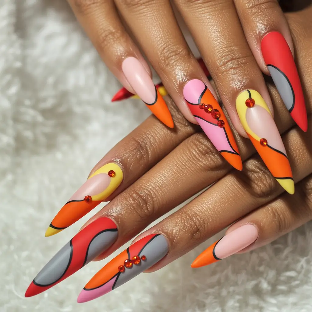 2025 Fall Stiletto Nails Abstract Autumn Mix
