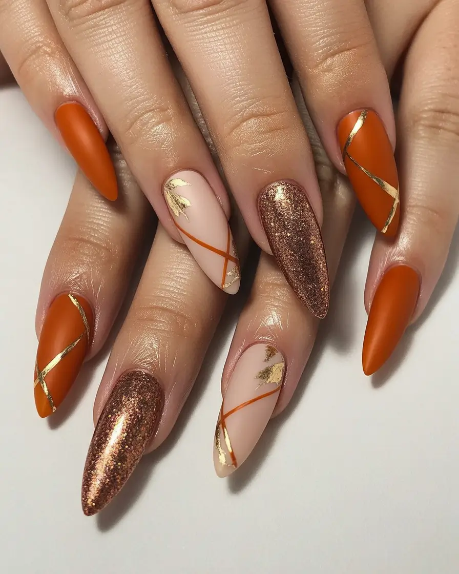 2025 Fall Stiletto Nails Rustic Orange and Bronze Elegance