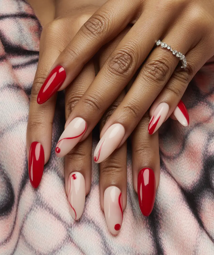 2025 Fall Stiletto Nails Modern Red Waves
